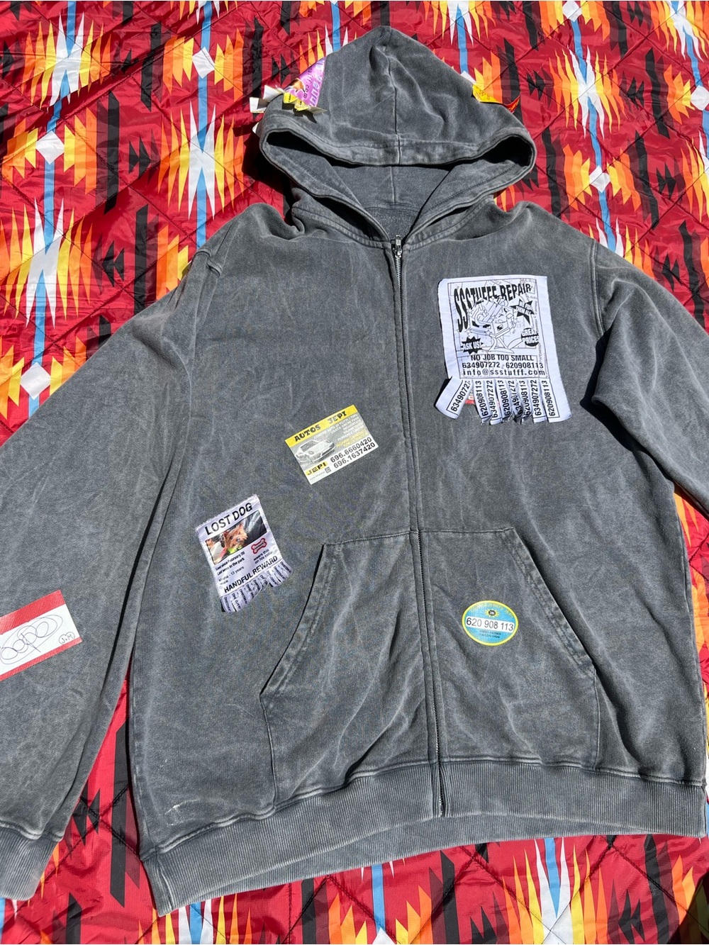 Gray Graphic Zip-Up Hoodie with Sticker Patch Details